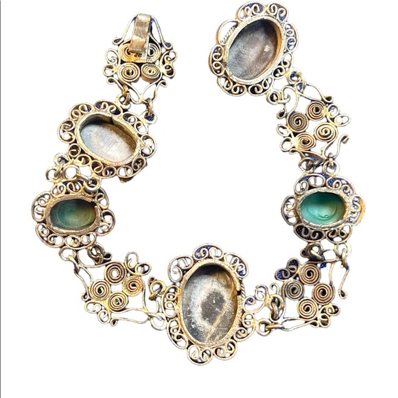 Antique Abalone Cameo Wire work Filagree Green Murano glass Italy Bracelet - Picture 2 of 10